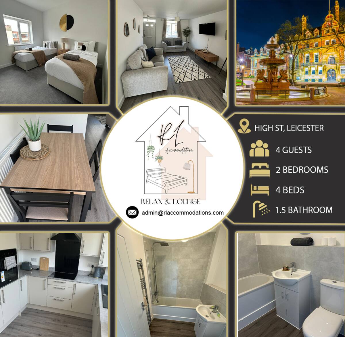 Property information regarding property on High Street in Barwell, Leicester, including room for 4 guests, 2 bedrooms, 4 beds, and 1.5 bathrooms