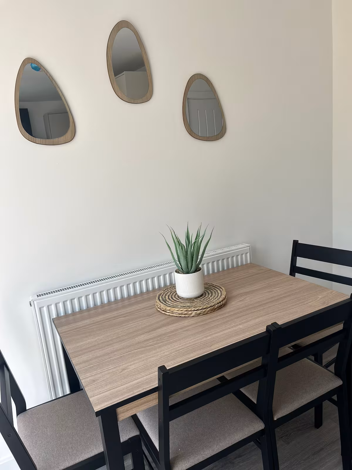 Dining area featuring 4 dark chairs, rectangular table, table mats, artificial plant in white pot, and funky, unique mirrors