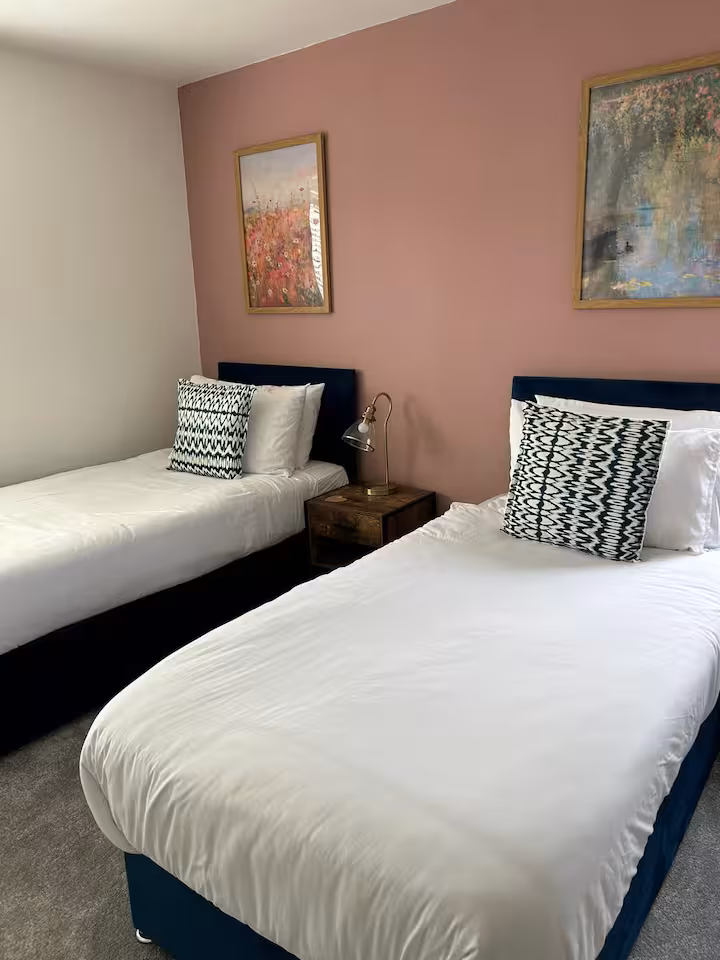 Two single beds located in a cozy bedroom with soft fluffy carpet, wooden bedside table with lamp, and pleasant wall art